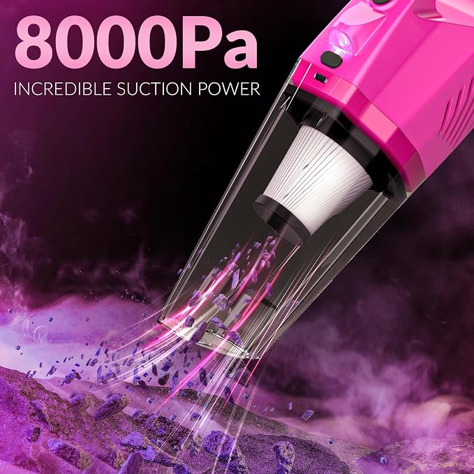 ThinkLearn Car Cleaning Kit, Car Corded Vacuum Detailing Kit Interior with High Power Handheld Vacuum, Including 7Pcs Detailing Brush Set, Windshield Cleaner, Pink Car Accessories for Women