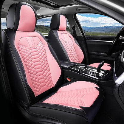 Coverado Seat Covers Full Set, Waterproof Nappa Leather Seat Covers for Cars, 5 Seats Universal Car Seat Protectors, Black and Pink Leather Car Seat Covers Car Seat Cushions Fit for Most Cars