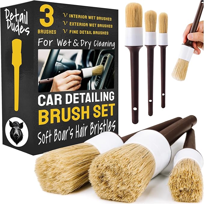 Car Detailing Brush Set 3-Pack - Soft Boar Hair Interior & Exterior Detailing Kit - Car Interior Cleaning Brushes for Leather, Piano Black Trim, Dashboards, Wheels and Engine Bay - Detail Dudes