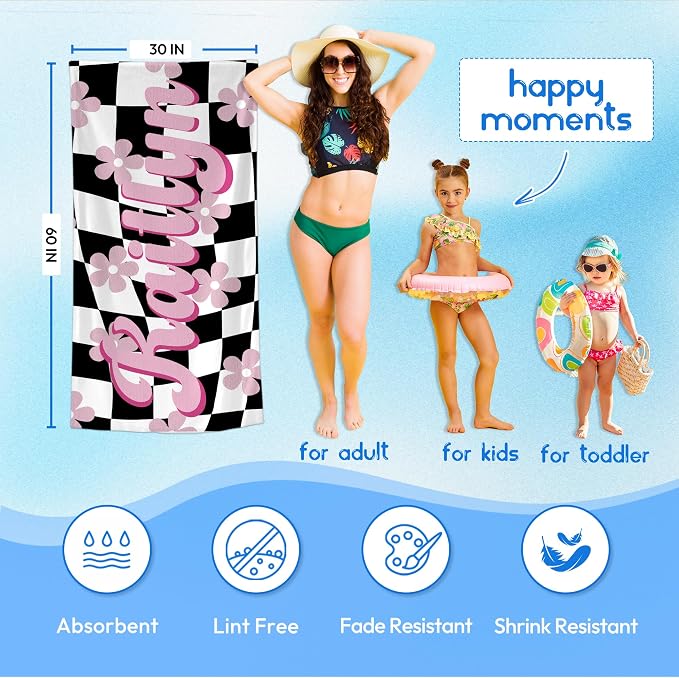 JML Personalized Beach Towel with Name, Custom Flower Beach Towel, Customized Microfiber Pool Towel, Quick Dry & Absorbent Swim Towel for Adult,Mother's Day, Birthday, Summer Holiday,Vacation