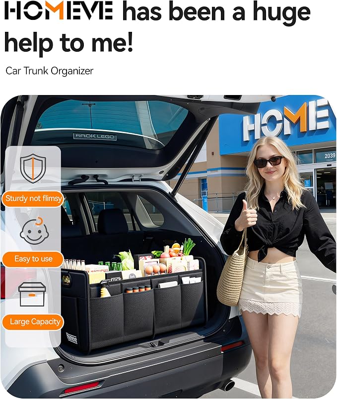 Homeve Car Trunk Organizer for SUV, 15.5Gal Large Capacity No-Sag Heavy Duty, Foldable Waterproof Anti-Slip Storage with 12 Pockets, Fit Sedan,Truck, Universal Car Accessories, Black, 2 Compart,Medium