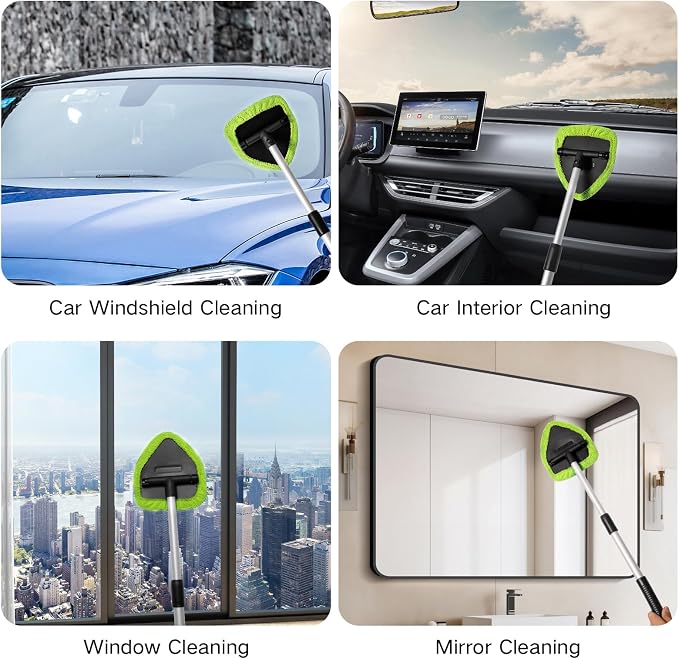 Qydipclin 7pcs Windshield Cleaner Tool Car Window Cleaning Wash Kit with 4 Reusable Microfiber Pads 1 Spray Bottle and Extendable Handle Auto Glass Wiper Kit, Green