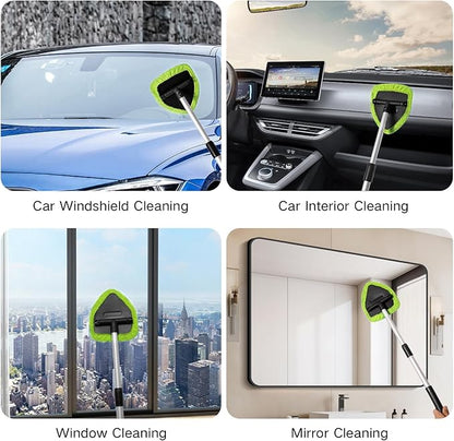 Qydipclin 10pcs Windshield Cleaning Tool Inside Car Window Cleaner Wash Kit with 4 Reusable Microfiber Pads 1 Spray Bottle and Extendable Handle Interior Auto Glass Wiper Kit, Green