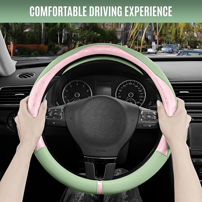 PIC AUTO Steering Wheel Cover, Pink Patterned & Green Leather Patchwork Design, Universal Fit 14.5"–15.5", Anti-Slip, Odor-Free, Soft PU Grain Leather, Durable Grip Car Accessory for Girls & Women