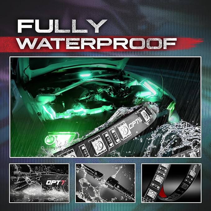 OPT7 Aura Engine Bay RGB Light Kit with Remote Control, 4 pc 24" Waterproof Underhood LED Strips, Multi Color Mode, Exterior Neon Accent Glow Lights for Truck F150 Tacoma Tundra 4Runner Dodge Durango