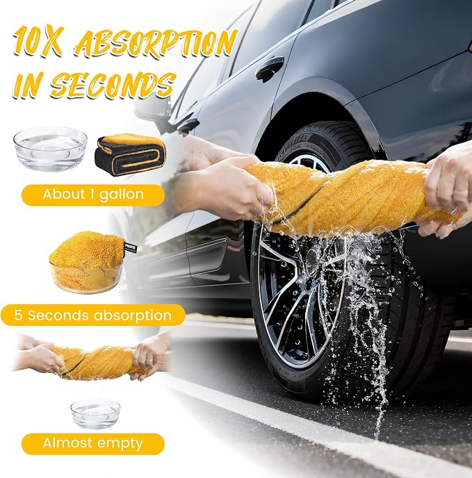 PUGPIU Car Drying Towel - 1400GSM Extra Large Super Absorbent Microfiber Towels for Cars 24"x36" - Large Edgeless with Twisted Loop, Lint-Free & Streak-Free for Auto Detailing, SUV, Truck (Yellow)