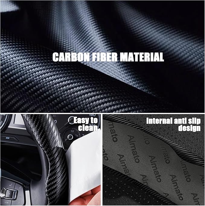 3 Piece Carbon Fiber Steering Wheel Cover,Car Steering Wheel Protector with Non-Slip Lining,Breathable Microfiber Universal for 14.5-15 inch,Black
