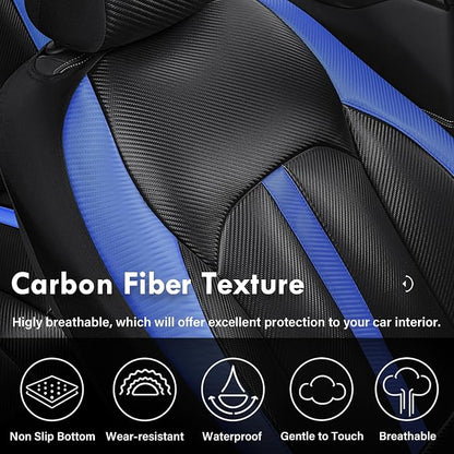 Coverado Leather Car Seat Covers Full Set & Carbon Fiber, Waterproof and Durable All Weather Protector, Universal Fit for SUV, Pickup Truck, Sedan, Automotive Vehicle Interior, Black&Blue