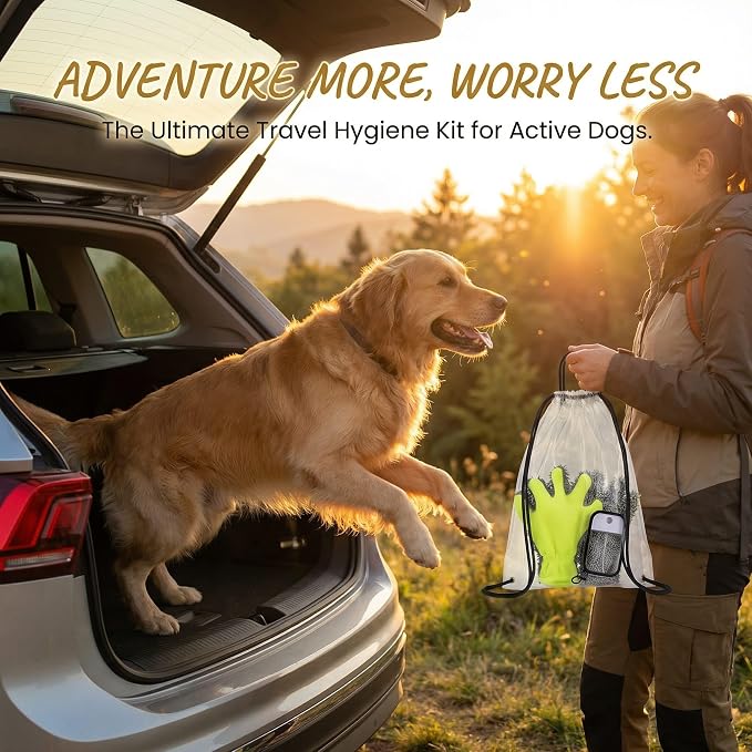 Dog Paw Cleaner Kit with Spray Bottle and Chenille Mitt | Portable paw wash set, microfiber mitt, waterproof storage bag for hiking and car trips