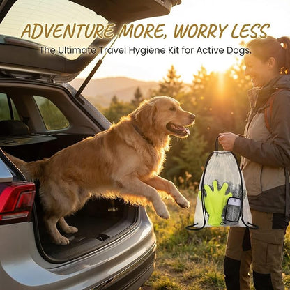 Dog Paw Cleaner Kit with Spray Bottle and Chenille Mitt | Portable paw wash set, microfiber mitt, waterproof storage bag for hiking and car trips
