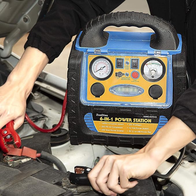 Car Jump Starter with Air Compressor, 1800A Battery Booster Pack for Up to 8.0L Gas & 6.0L Diesel, 150PSI Tire Inflator, 400W Portable Power Station with AC Outlet, 6-in-1 Jump Box for Cars, Trucks