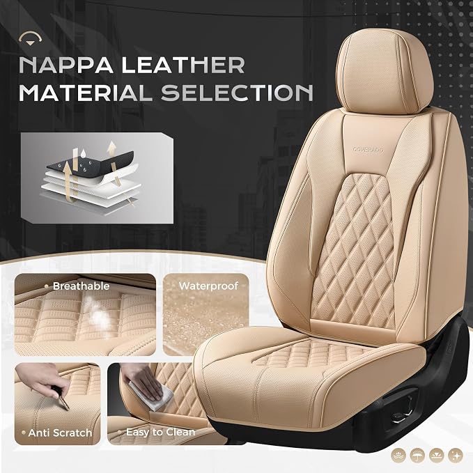 Coverado Front Seat Covers, Luxury Faux Leather Seat Covers for Cars, Beige Car Seat Covers, Car Seat Protector Waterproof, Automotive Interior Accessories Universal Fit for Most Cars Truck SUV Sedan