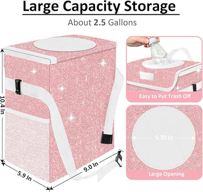 Cute Mini Car Trash Bag with Lid, Glitter Garbage Can Bin Hanging for Back/Front Seat/Console, Waterproof, Leakproof, 2.5 Gallon, Pink Bling Sparkly