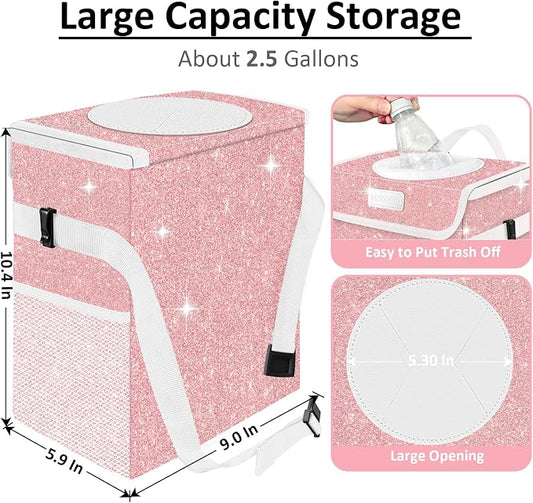 Cute Mini Car Trash Bag with Lid, Glitter Garbage Can Bin Hanging for Back/Front Seat/Console, Waterproof, Leakproof, 2.5 Gallon, Pink Bling Sparkly