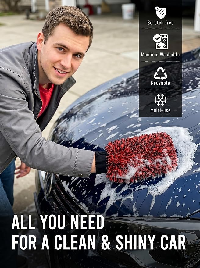 TAKAVU Car Wash Mitt Scratch Free, 2 Pack Microfiber Wash Mitts for Auto Detailing, Soft Lint Free Cleaning Gloves, Holds Sudsy Water, Machine Washable (Red & Black)