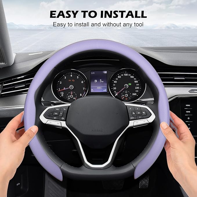 Frani Nappa Leather Steering Wheel Cover,Universal Fit 15 Inch-Premium Non-Slip Breathable Comfort Grip for Cars Trucks SUVs,Anti-Slip Durable Interior Upgrade Light Purple