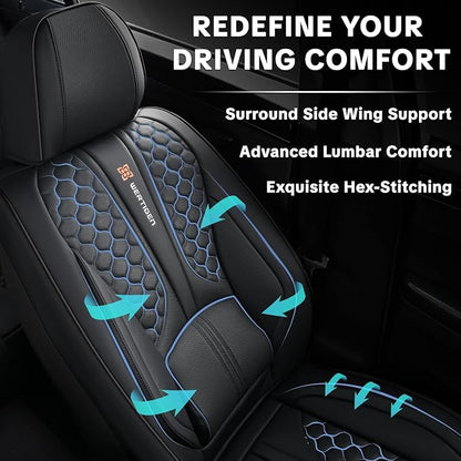 Black Car Seat Covers, Suitable for SUVs, Pickups, and Sedans, 5-Piece Complete Set, Automotive Interior Accessories, Waterproof Leather, with Lumbar Support, Airbag Compatible, Non-Slip