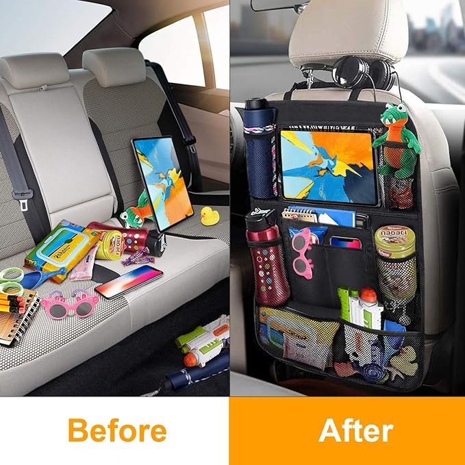 Car Backseat Organizer, Waterproof and Durable Car Seat Organizer Kick Mats, 9 Storage, Tablet Holder, Pockets Car Back Seat Protectors Kick Mats Car Travel Accessories for Kids (1 pack)