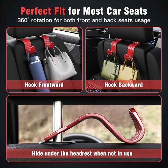 Amooca Car Seat Headrest Hook 4 Pack Hanger Universal Vehicle Car Storage Organizer for Handbag Purse Coat S Type Checkered Red