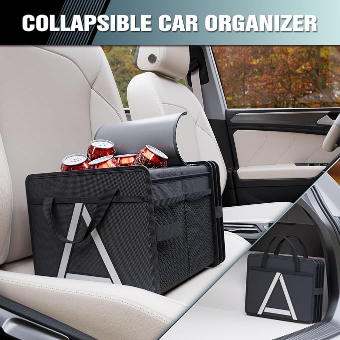K KNODEL Sturdy Car Trunk Organizer with Premium Insulation Cooler Bag, 3 Compartments Heavy Duty Collapsible for Car, SUV, Truck, or Van (Medium, Black)