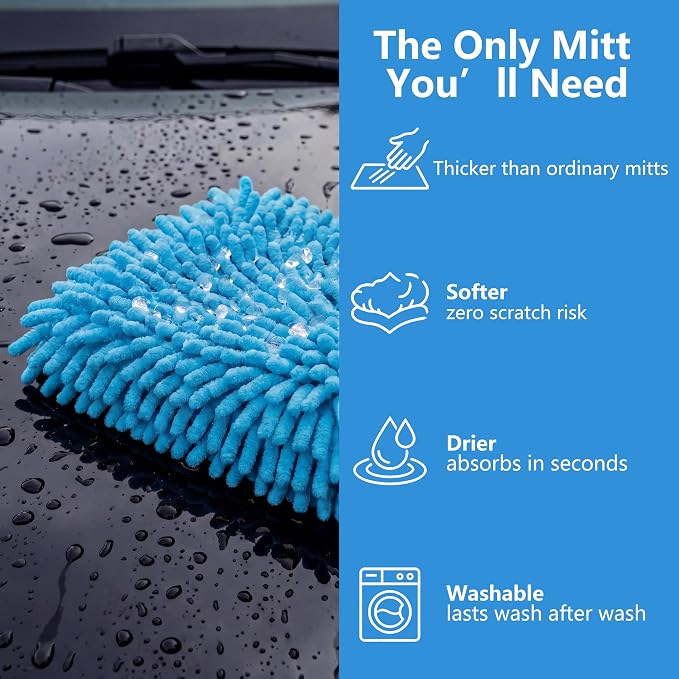 Car Wash Mitt,Detailing Ultra-Soft Chenille Microfiber Auto Gloves,Scratch-Free&Lint-Free,Safe for Trucks,SUVs, RVs&More