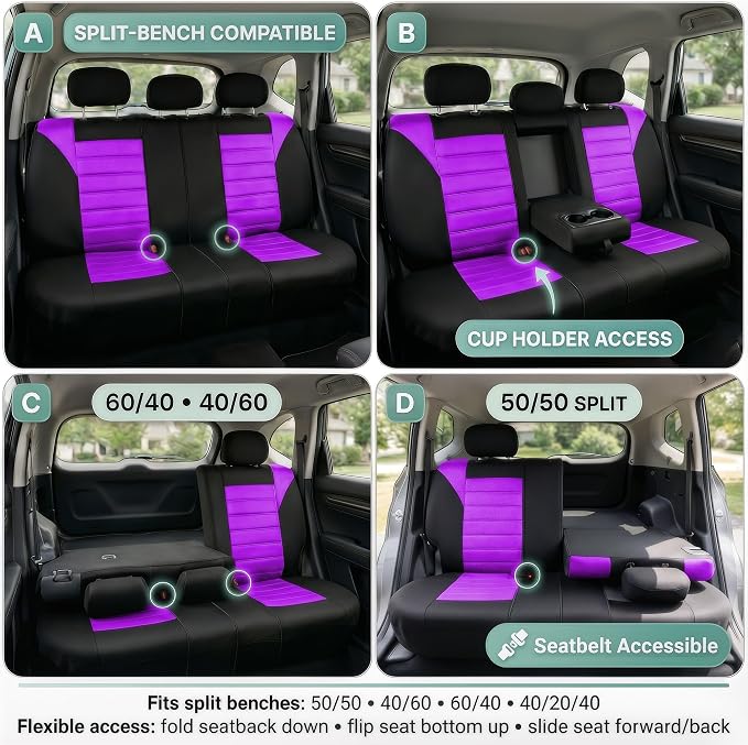 FH Group Automotive Car Seat Covers Rear Set Premium 3D Air Mesh Seat Covers, Airbag Compatible and Split Bench Cover Universal Fit Interior Accessories for Cars Trucks and SUVs - Purple