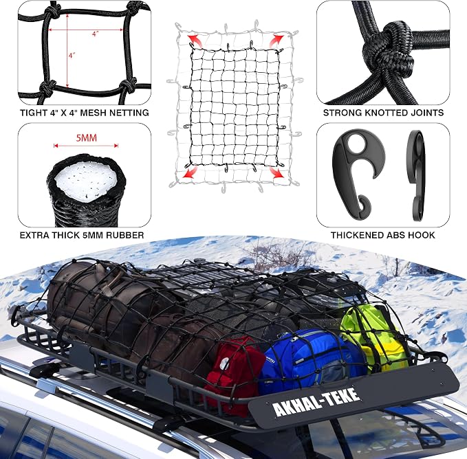Roof Rack Basket, Upgraded 64"x 39"x 4" Roof Rack Cargo Carrier with 3' X 4' Super Duty Bungee Cargo Net, 2 pcs Ratchet Strap Fits for SUV Truck Cars