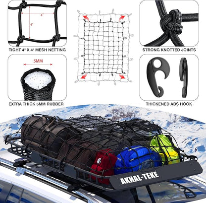 Roof Rack Basket, Upgraded 64"x 39"x 4" Roof Rack Cargo Carrier with 3' X 4' Super Duty Bungee Cargo Net, 2 pcs Ratchet Strap Fits for SUV Truck Cars