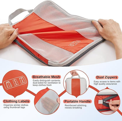 OlarHike 10 Set Compression Packing Cubes for Travel Essentials,Compressible Expandable Packing Cubes for Suitcase,Luggage Garment Bags with Over 99 pcs of Mesh Holes(Orange)