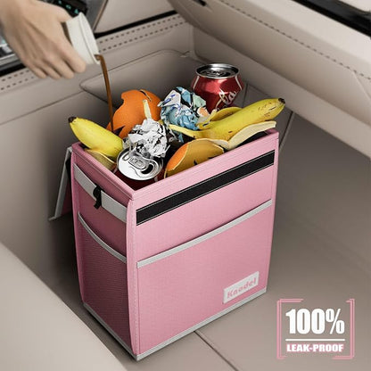 K KNODEL Car Trash Can, Waterproof Garbage Bag with Lid, Leak-Proof Trash Bin, Car Bin Hanging (Pink, Large)