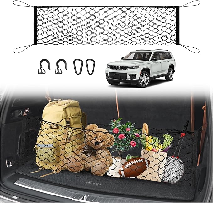 Karltys Cargo Net for Jeep Grand Cherokee L 2021-2026 Trunk Net | Envelope Style Elastic Mesh Net | Heavy Duty Metal Hooks | Jeep Grand Cherokee L Accessories