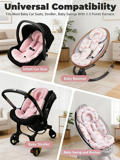 TinlyFinly Infant Car Seat Insert with Extra Cushion for Preemie to Toddler, Reversible Newborn Carseat Insert for Baby Head Body Support, Fits for Stroller, Baby Swing, Bouncer - Dots, Pink