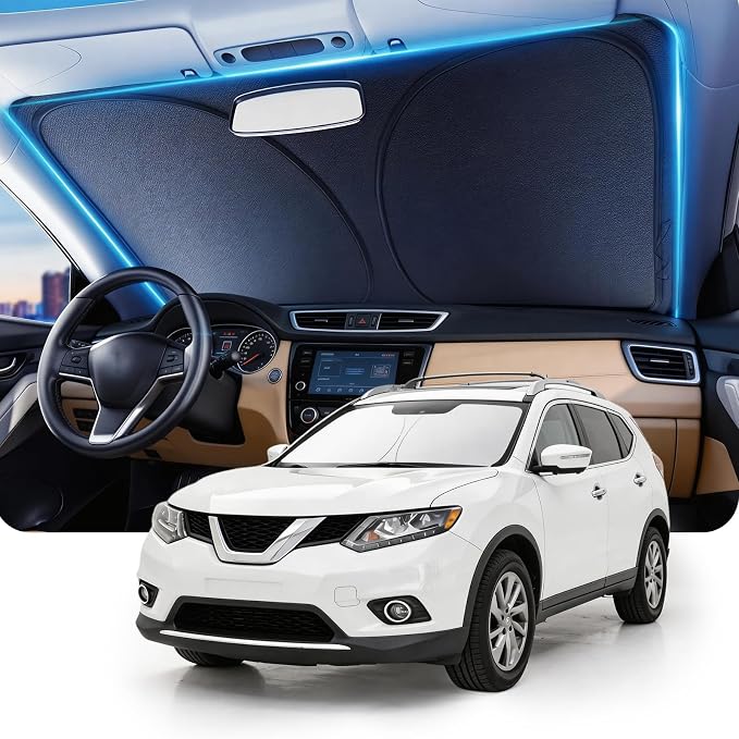 DMJN Front Windshield Sun Shade for Nissan Rogue (2023-2026), [Nano Ice-Crystal Coatings] UPF50+ Heat & UV Block, Protect Car Interior & Keep Cool, Flodable Steel-Ring Car Cover for Summer