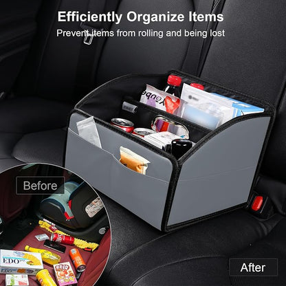 Car Storage Organizer [2025 UPDATED] Leather Car Caddy Basket for Front Seat Floor Back Seats Metal Handle 6 Compartments Adjustable Strap Buckles Slip-Resistant (Gray)