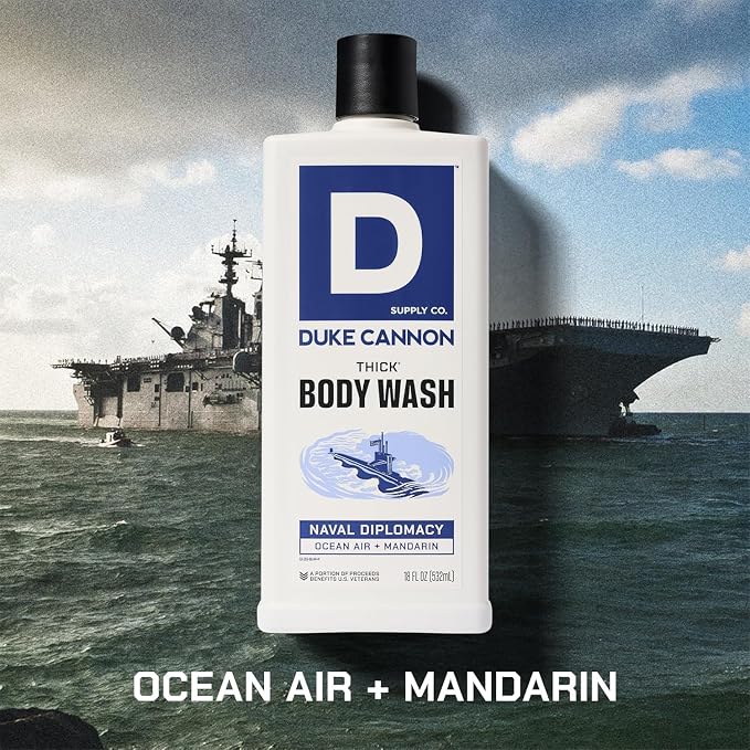 Duke Cannon Supply Co. Thick High Viscosity Body Wash - 3X Thicker, Cleansing Shower and Bath Gel, Mineral-Enriched Body Wash - Citrus Musk + Cedarwood - Mens Body Scrub - Naval Diplomacy (18 oz)
