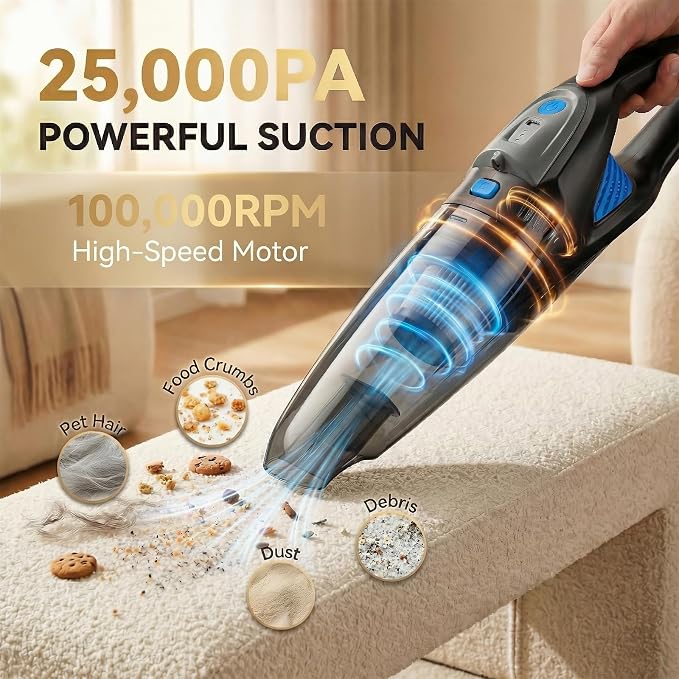 Handheld Vacuum Cordless, 25000Pa Powerful Suction Car Vacuum Portable Cordless with 8000mAh Battery & LED Light, Hand Held Vacuum Rechargeable with HEPA Filters, Home, Car Seats, Pet Hair Blue