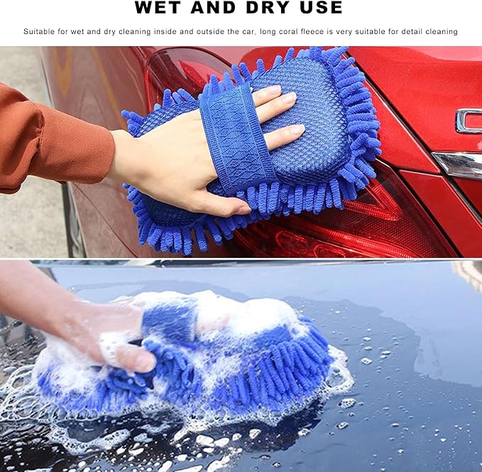 Microfiber Car Wash Sponge, Scratch-Free Vehicle Washing Mitt with Chenille & Mesh Sides, Highly Absorbent Sponge Lint-Free Cleaning Tool for Car Washing & Detailing (Blue)