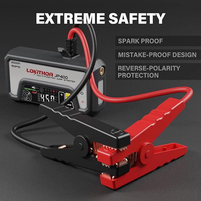 LOKITHOR JP400 Jump Starter with Air Compressor, 2500A 12V Portable Car Battery Booster Pack (8.5L Gas/6.5L Diesel) with ConnectMax Tech, 150PSI Tire Inflator, Auto-Shutoff & Dynamic Dwell (White)
