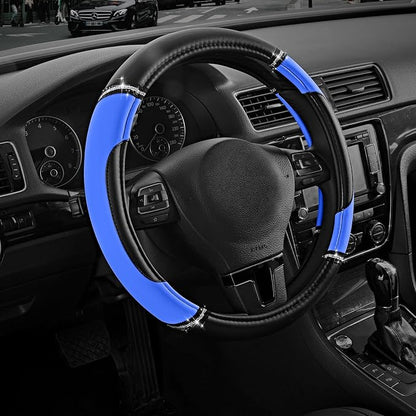 Road Comforts Leather Steering Wheel Cover - Made with PVC Leather - Anti-Slip, Universal Fit 14 1/2 inches to 15 inches - Blue