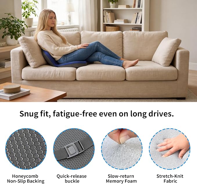 Memory Foam Truck Seat Cushion & Lumbar Support Set – Ergonomic U-Shape Tailbone Relief + L-Shape Back Cushion for Long-Haul Semi/Pickup Drivers Breathathable Cover Non-Slip Bottom Dark Blue