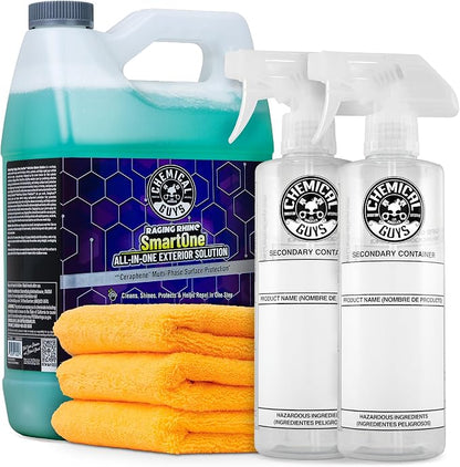 Chemical Guys Raging Rhino Waterless Car Wash And Quick Detailer, 128 Fl Oz With 2 Dilution Bottles and 3 Premium Microfiber Towels - 6 Items