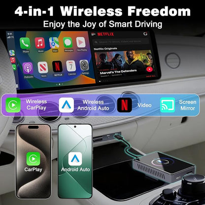 4-in-1 Wireless CarPlay & Android Auto Adapter, Screen Mirroring & HDMI Output for Cars with OEM Wired iPhone/Android, Plug & Play