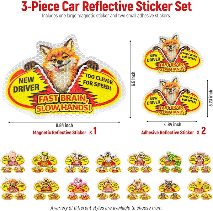 3 Pcs Reflective Student Driver Magnet and Stickers Set - Funny Animal New Driver Safety Signs for Car, Waterproof & Weatherproof High Visibility Vehicle Bumper Decals, Magnet + Stickers (Fox)