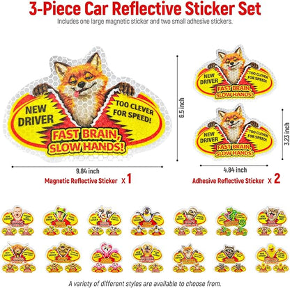 3 Pcs Reflective Student Driver Magnet and Stickers Set - Funny Animal New Driver Safety Signs for Car, Waterproof & Weatherproof High Visibility Vehicle Bumper Decals, Magnet + Stickers (Fox)