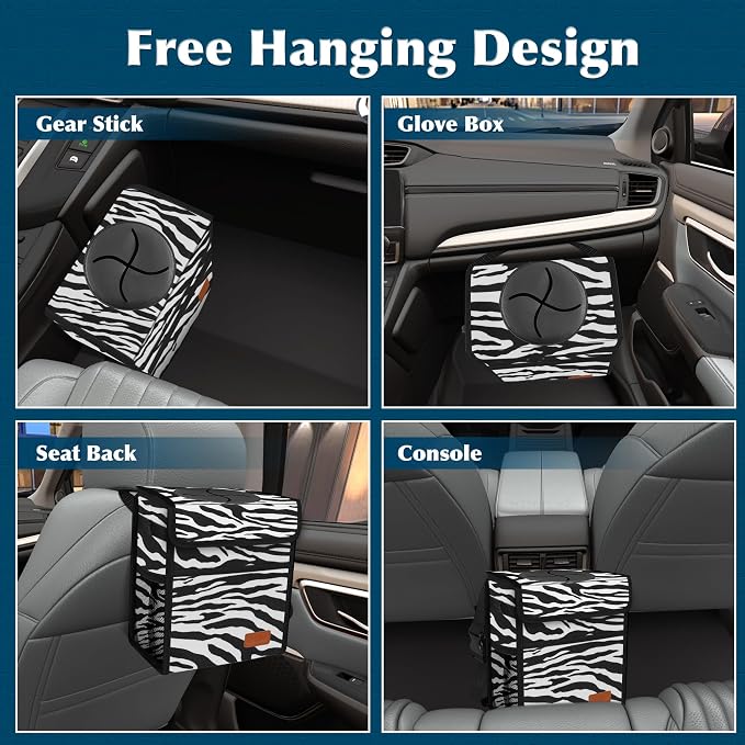 Femuar Car Trash Can with Lid - Leak Proof, Waterproof, Zebra Stripe, SUV Multipurpose Car Hanging for Headrest, Collapsible, Portable with Storage Mesh Pocket