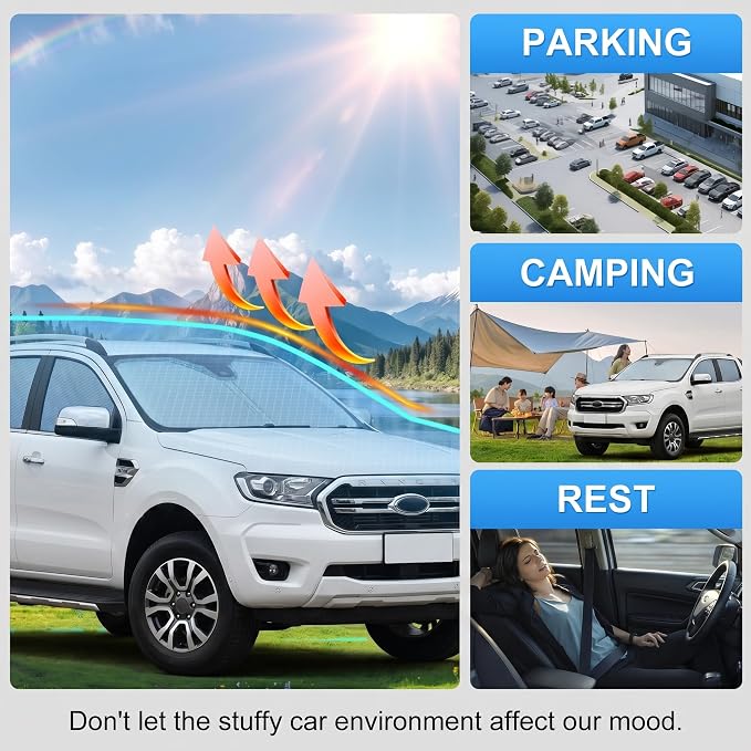 Custom Fit Windshield Sun Shade for Ford Ranger 2019-2026 | Custom Fit Windshield Cover, Blocks UV Rays, Double-Layer Heat Shield, Durable Frame, Easy Fold & Storage