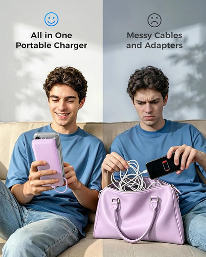 VEGER Portable Charger Power Bank with Built-in AC Plug and Cables, All in One 10000mAh Ultra Slim Travel Essentials, Fast Charging Battery Pack Compatible with iPhone, Samsung, Android, Purple
