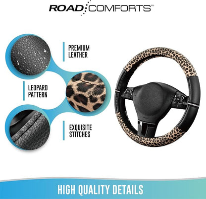 Road Comforts Leopard Steering Wheel Cover for Women, Cute Anti-Slip Microfiber Leather, Universal Fit 14.5-15 Inch Round Steering Wheel - Black