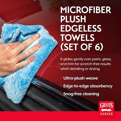Griot's Garage Microfiber Plush Edgeless Towels, for Car Cleaning, Detailing and Polishing, Scratch-Free, 16” x 16”, Set of 6, 14901