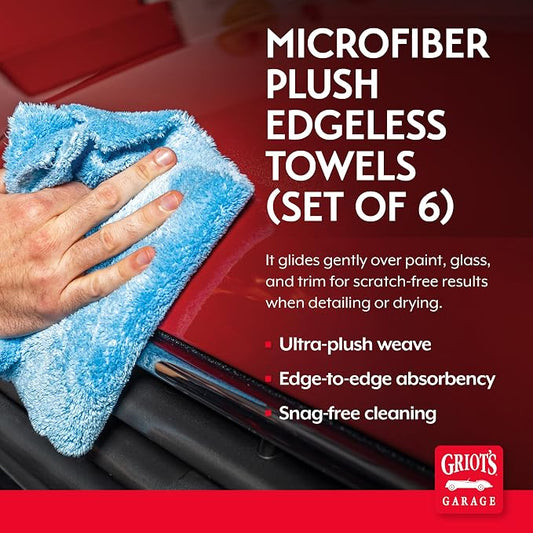 Griot's Garage Microfiber Plush Edgeless Towels, for Car Cleaning, Detailing and Polishing, Scratch-Free, 16” x 16”, Set of 6, 14901